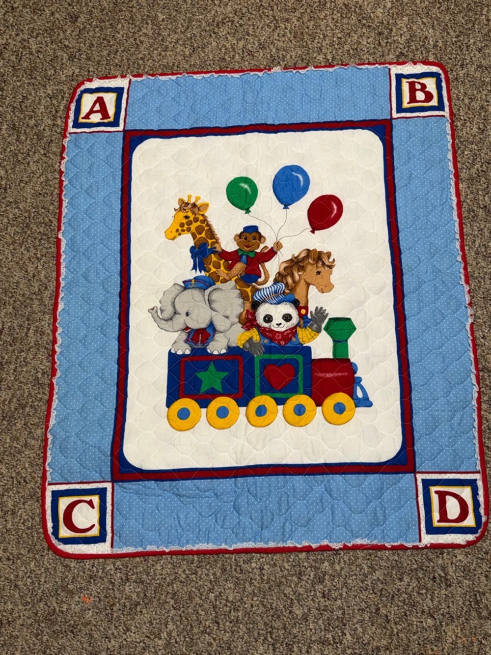 Vintage Children's Light Blue Train Animal baby toddler Quilt bedding crib